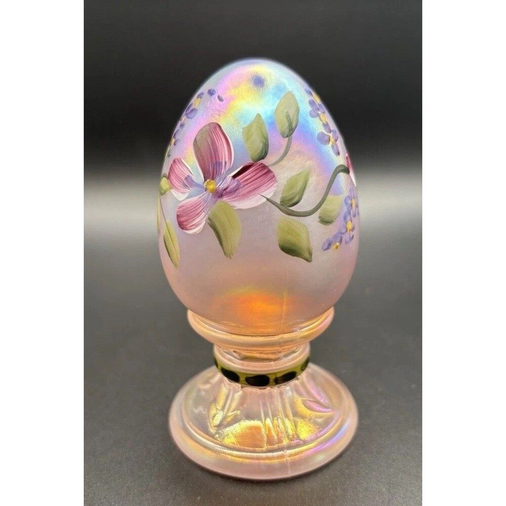 Fenton Glass Iridescent Pink Pedestal Egg Signed P Hayhurst #1010/1500 ‘96- Ltd
